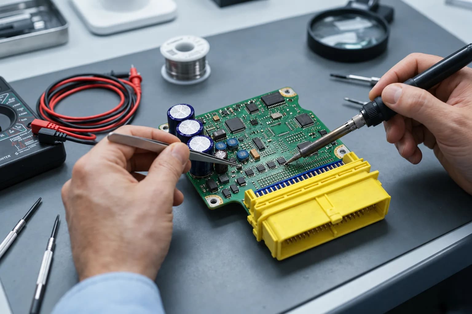 Technik lutowa na płytce obwodowej zdemontowanego sterownika poduszek powietrznych