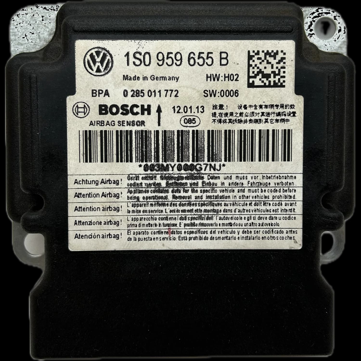 Sterownik poduszek powietrznych 1S0959655B, Etykieta